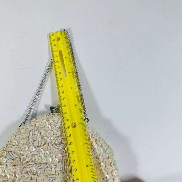 Flapper Beaded Sequined Evening Bag Kiss Clasp VTG Purse Silver Chain Strap - Picture 11 of 12